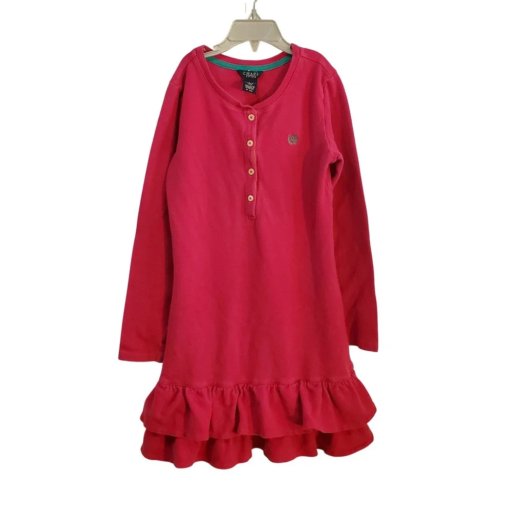 Chaps Girls' Dress Ruffle‎ Hem Long Sleeve Casual Pink Size M (8-10)